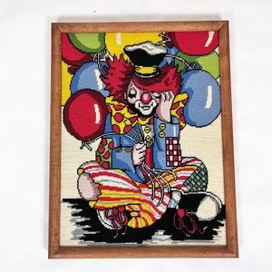 Vintage Sad Clown Handmade Cross Stitched Multicolor Brown Wooden Frame